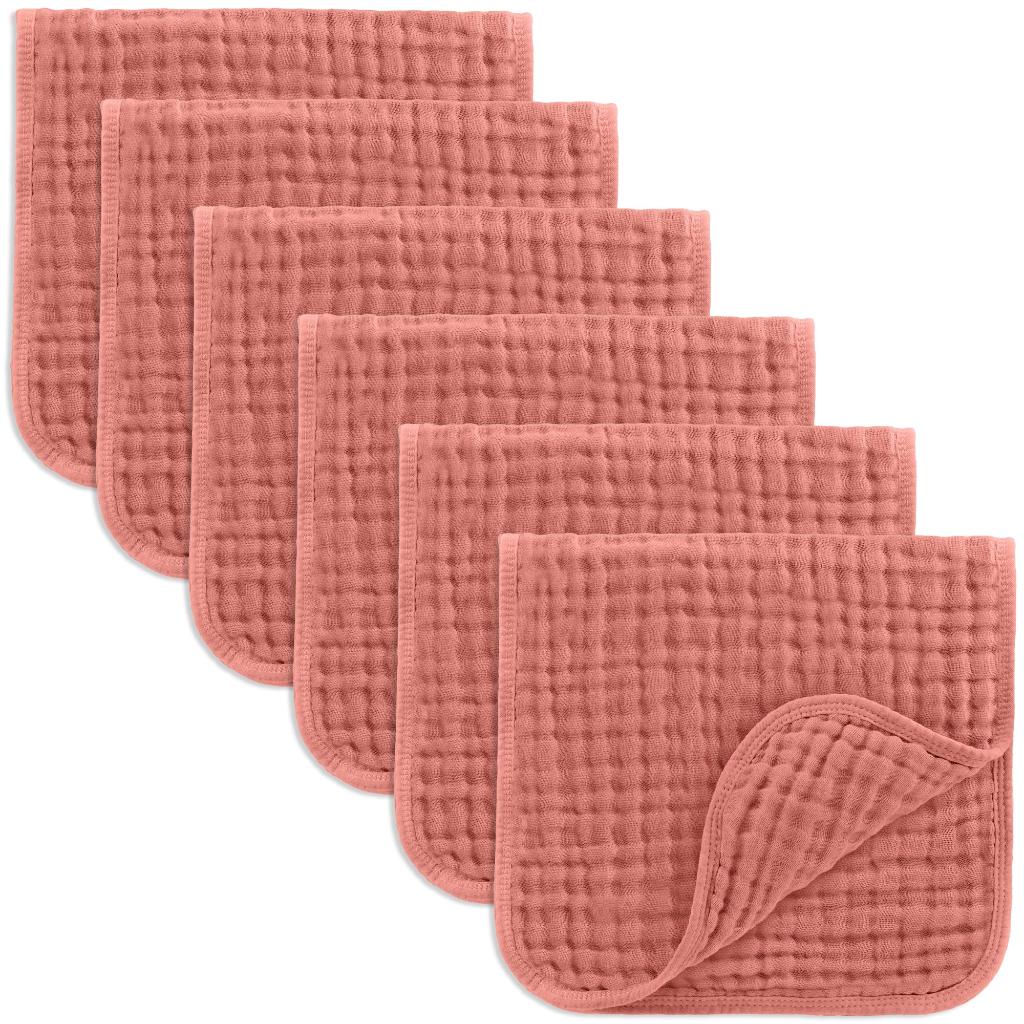 Comfy Cubs Muslin Burp Cloths dusty-rose-folded show gentle skin-friendly coverage during feeding.