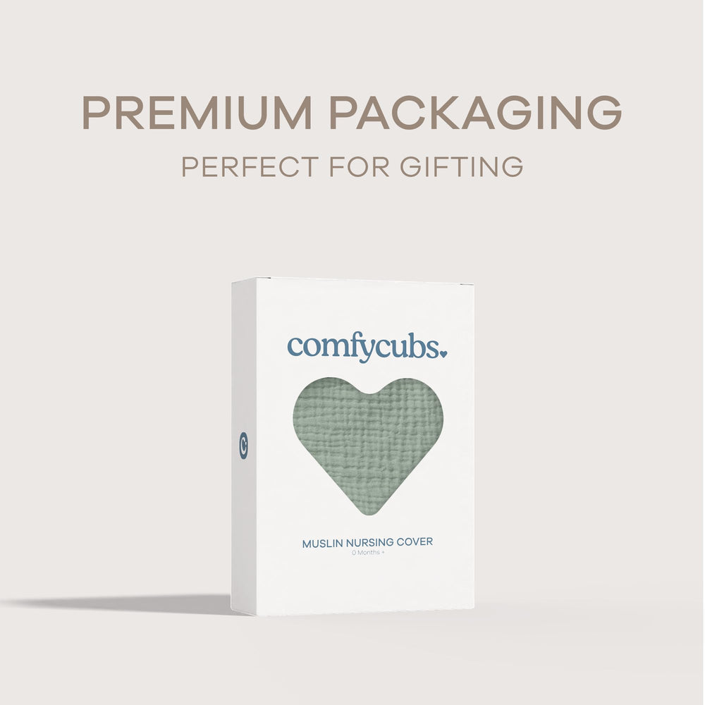 Comfy Cubs Muslin Nursing Cover Fern gift-ready packaging ideal baby shower gift.