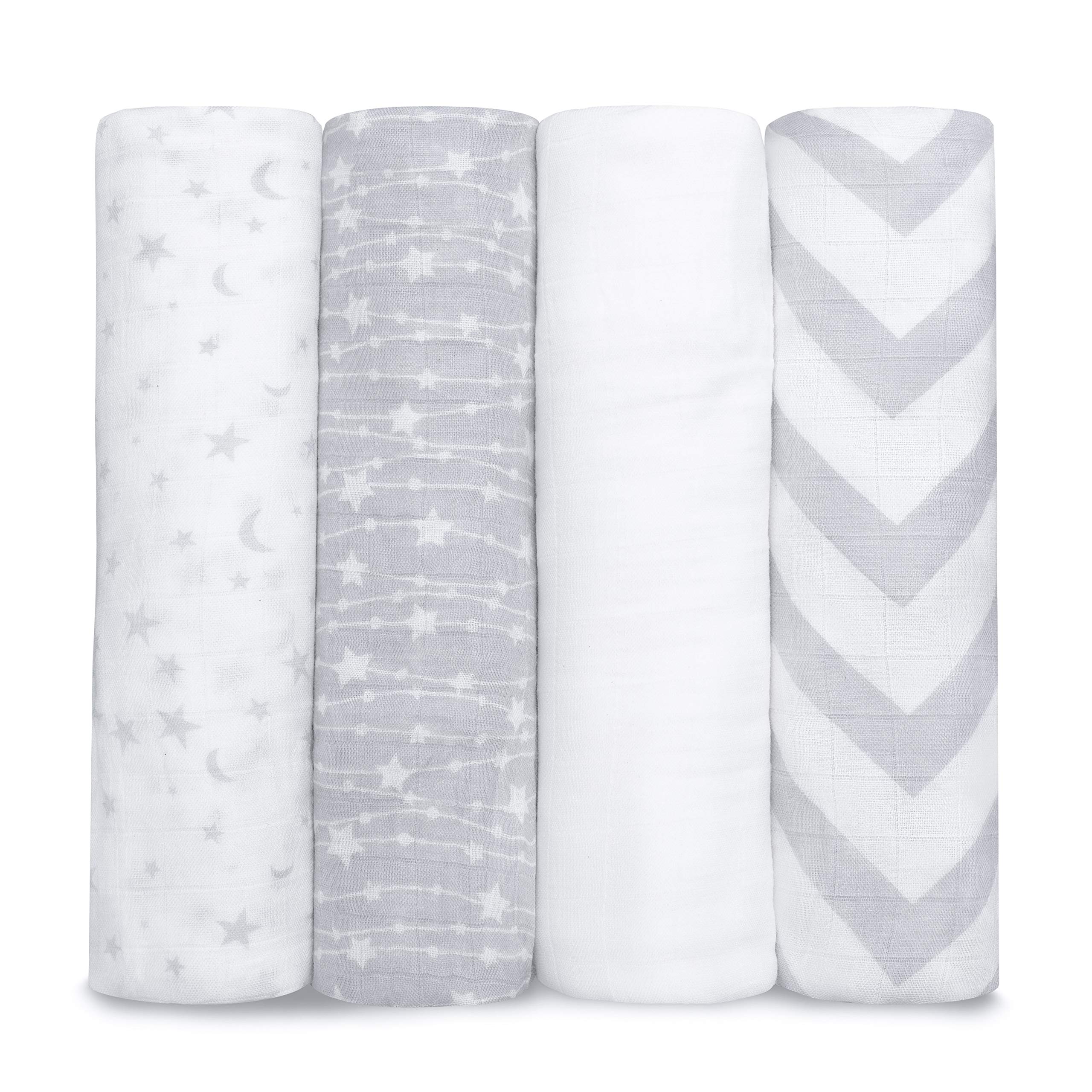 Comfy Cubs muslin swaddle blankets 4-pack folded view for gentle, breathable baby comfort.