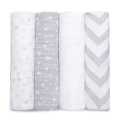 Comfy Cubs muslin swaddle blankets 4-pack folded view for gentle, breathable baby comfort.