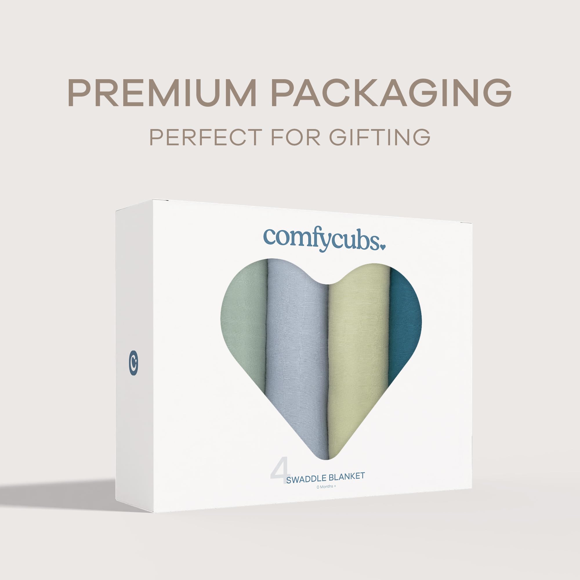 Comfy Cubs muslin swaddle gift-pack shown as a practical baby shower present.