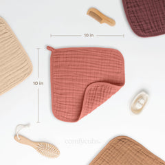 Comfy Cubs 10x10 washcloth laid flat shows large coverage for newborn baths.