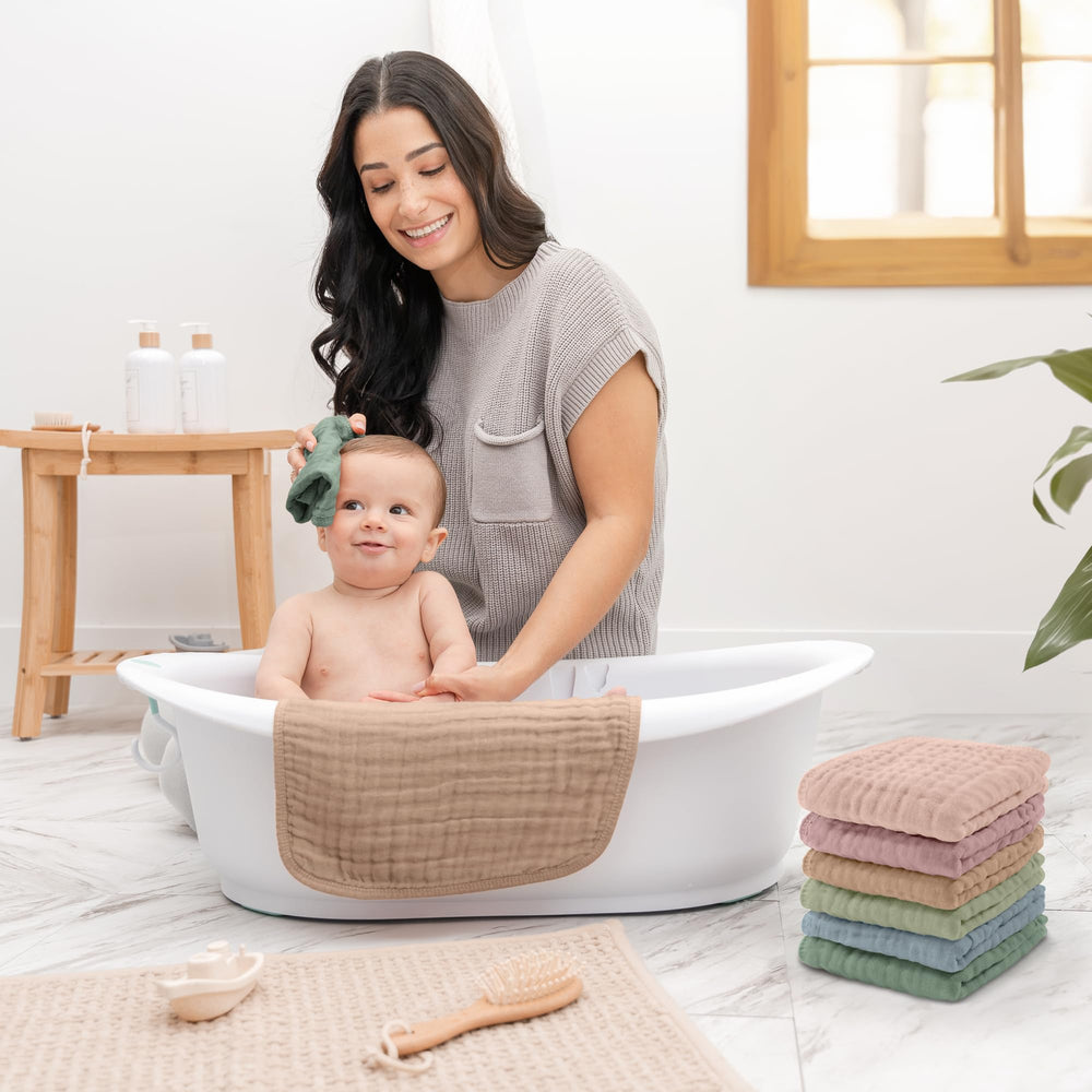 Comfy Cubs muslin washcloths 10x10 size highlights generous coverage for newborns and toddlers.