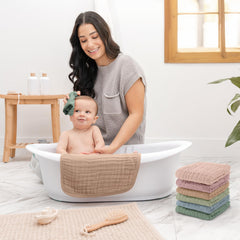 Comfy Cubs muslin washcloths 10x10 size highlights generous coverage for newborns and toddlers.