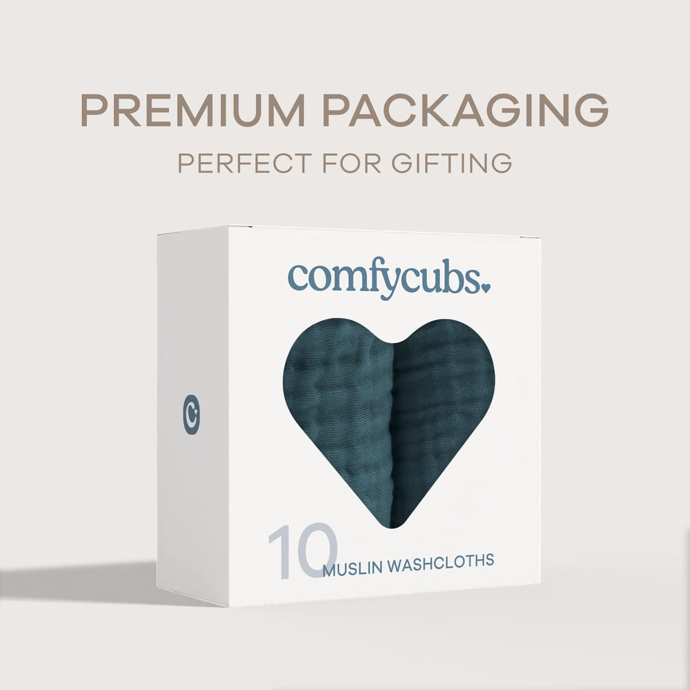 Comfy Cubs Muslin Washcloths gift box—practical baby essentials for new parents.