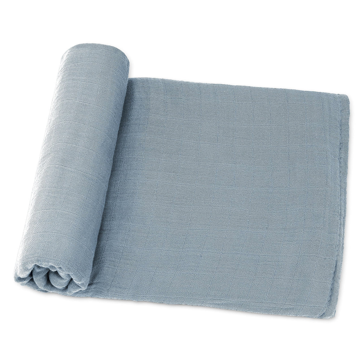Comfy Cubs Pacific Blue muslin swaddle flatlay showing breathable fabric for newborn comfort.