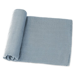 Comfy Cubs Pacific Blue muslin swaddle flatlay showing breathable fabric for newborn comfort.