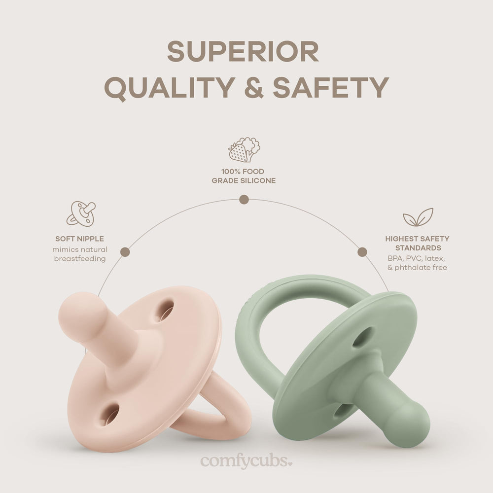 Comfy Cubs pacifier with air holes design adds safety from birth while soothing.