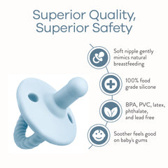 Comfy Cubs pacifier blue one-piece design simplifies cleaning and hygiene