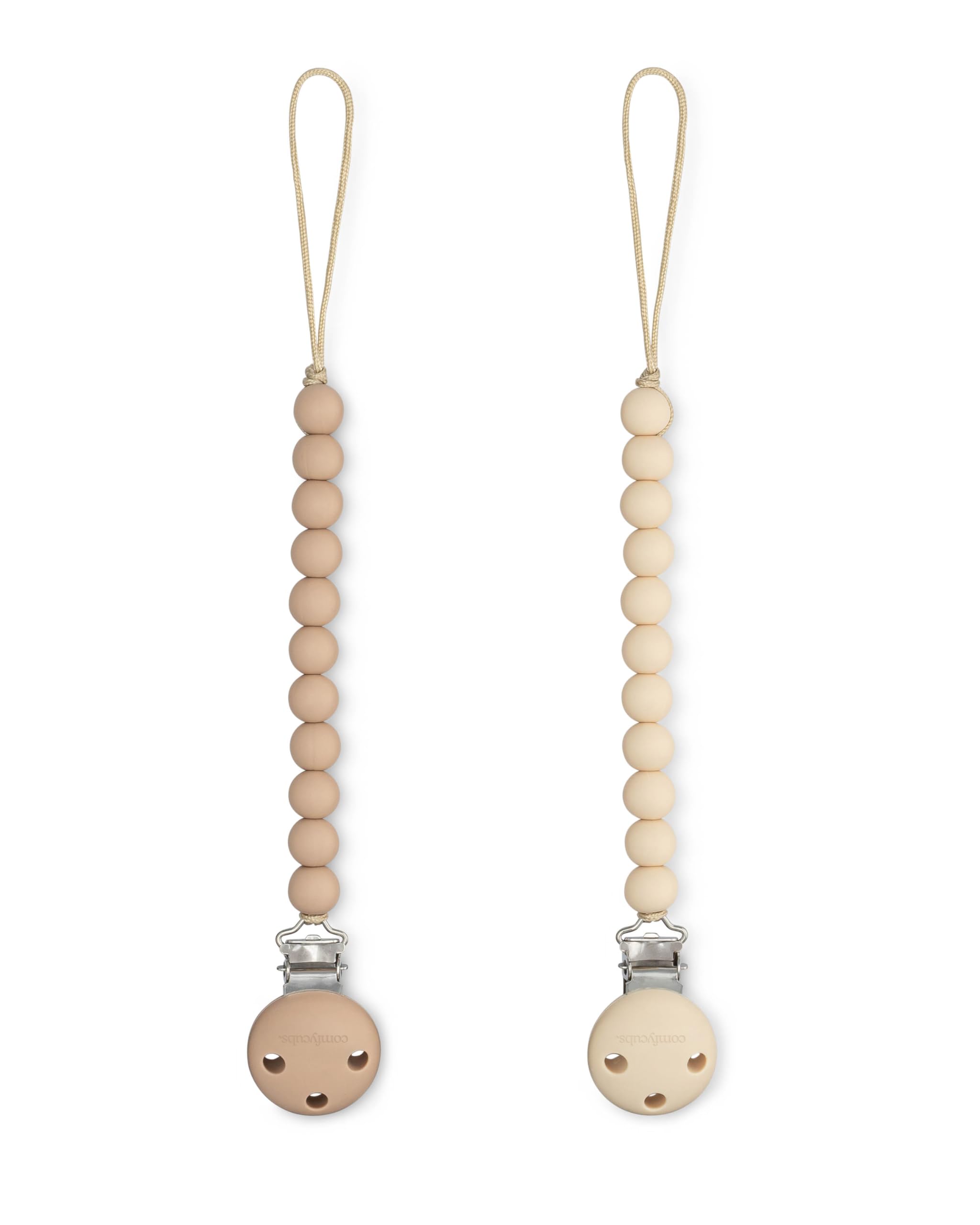 Comfy Cubs pacifier clip beige close-up showing secure silicone grip for on-the-go safety