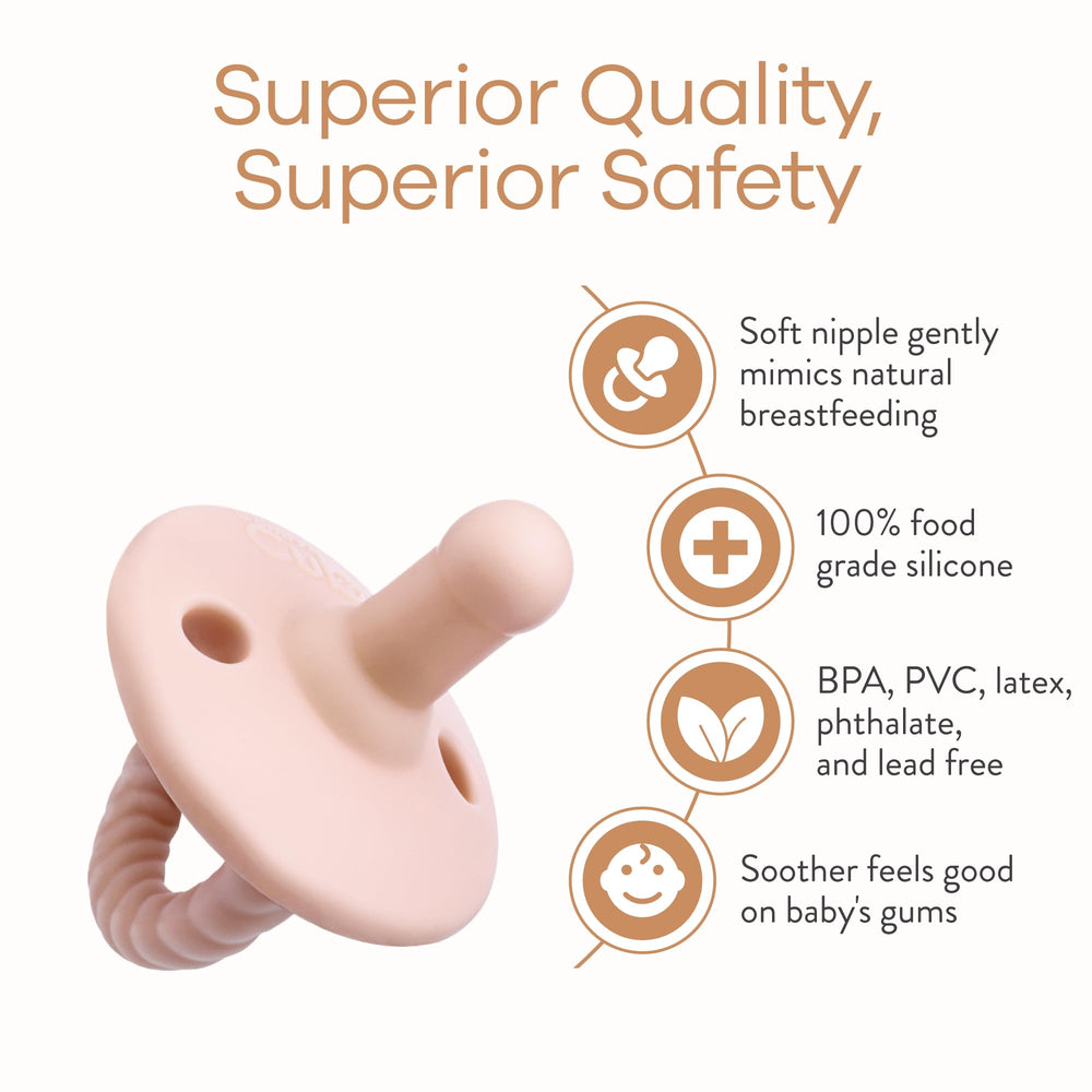 Comfy Cubs silicone material close-up highlights 100% food-grade safety for babies.