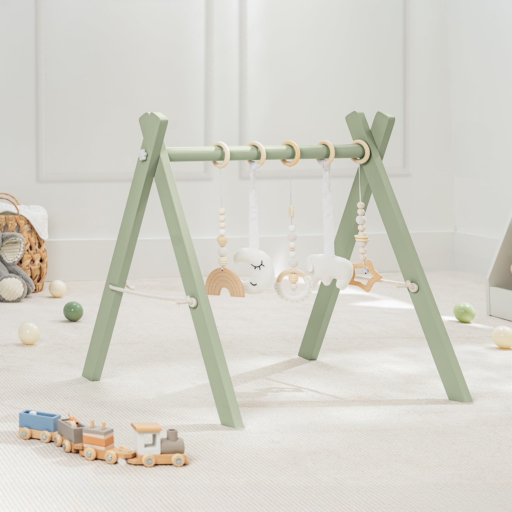 Comfy Cubs play gym front view with natural finish shows inviting, safe baby space.