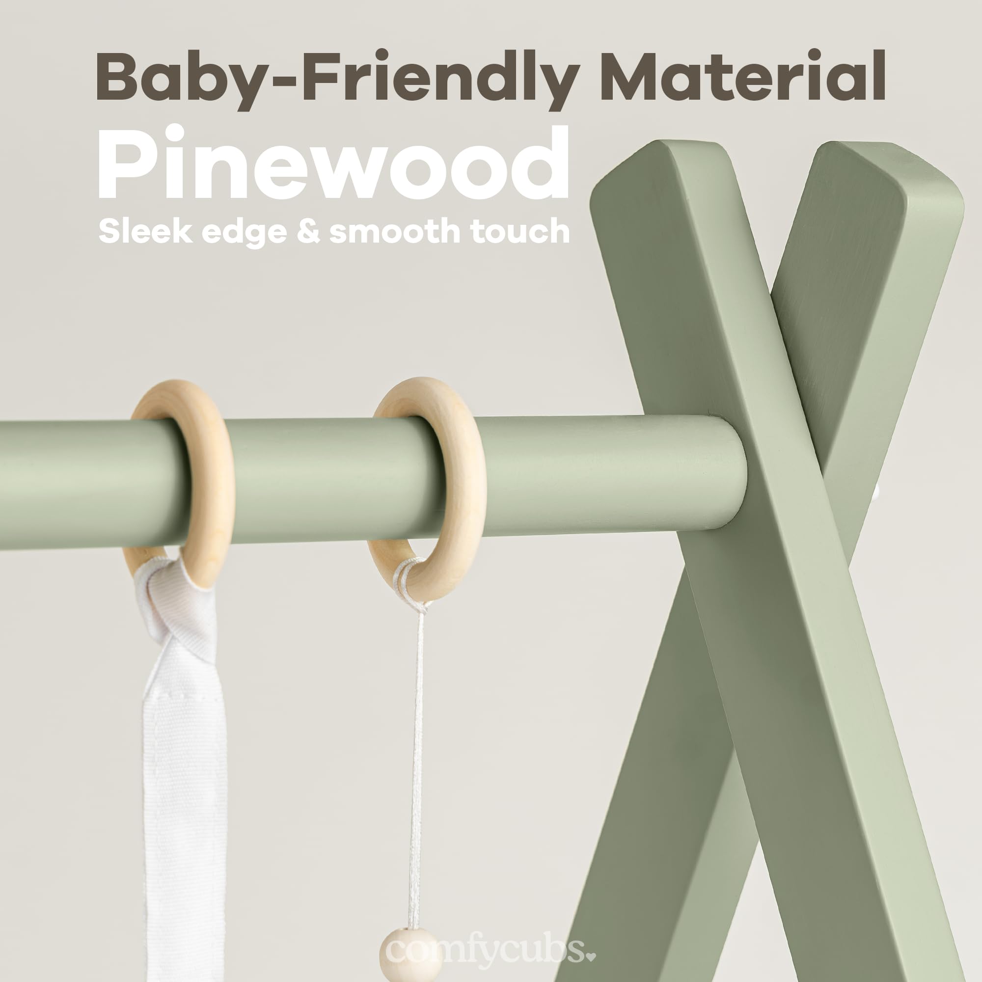 Comfy Cubs play gym smooth surface closeup emphasizes durable pinewood finish.