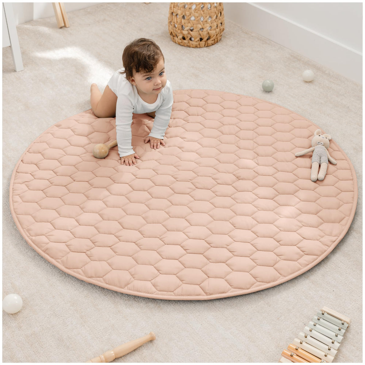 Comfy Cubs round play mat shows plush surface for cozy toddler playtime