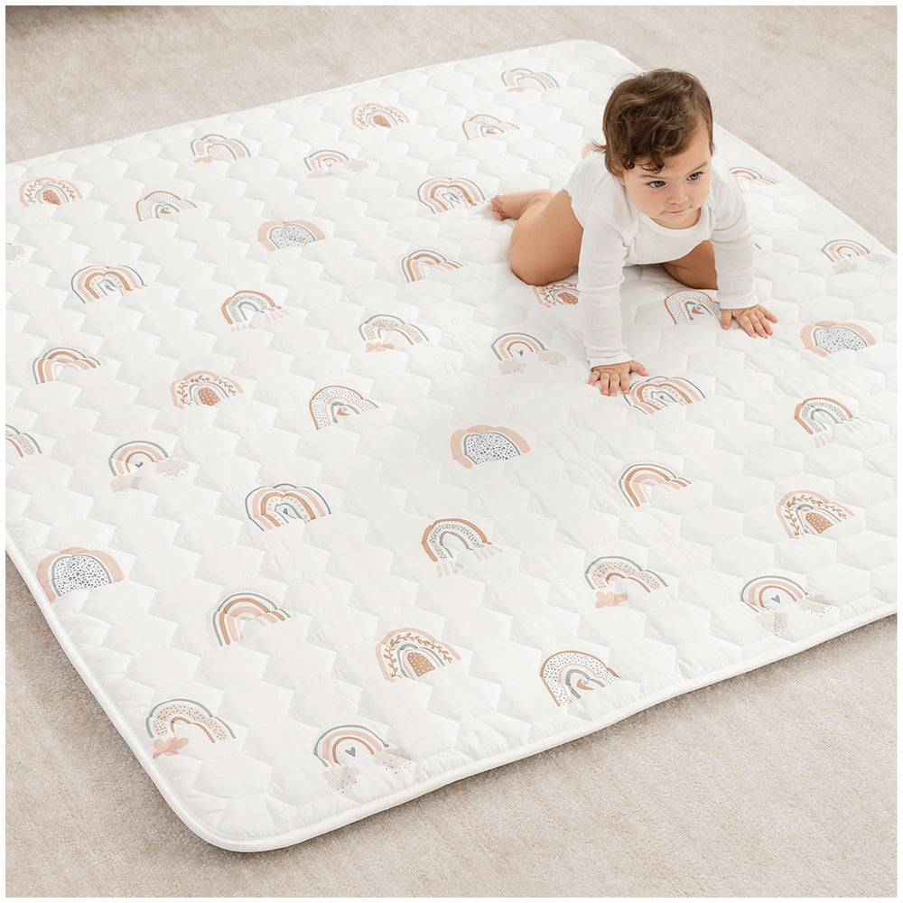 Comfy Cubs square play mat rainbow front view shows plush surface for tummy time