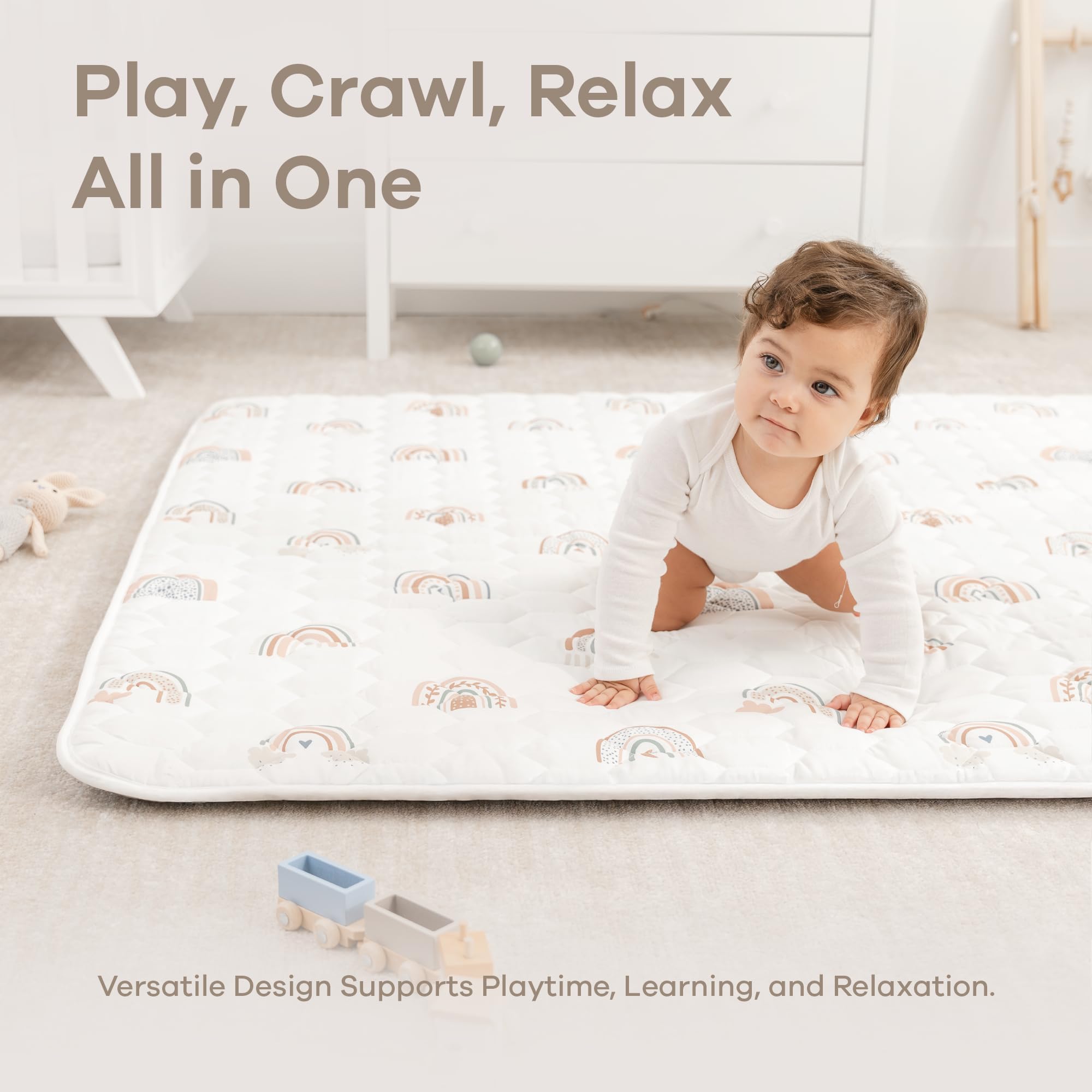 Comfy Cubs square play mat durability emphasizes machine-washable quick cleanup after messes