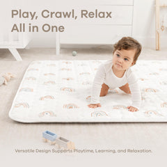 Comfy Cubs square play mat durability emphasizes machine-washable quick cleanup after messes