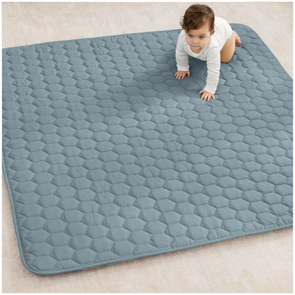 Comfy Cubs square Pacific Blue play mat top view with plush surface for tummy time.