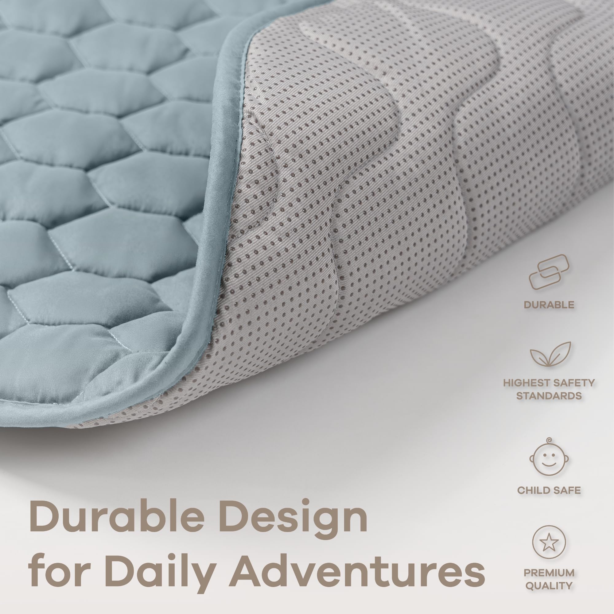 Comfy Cubs Pacific Blue mat showing easy care with spot-clean or machine wash.