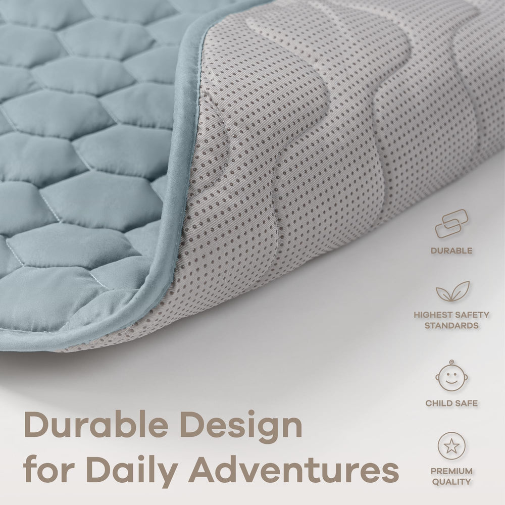 Comfy Cubs Pacific Blue mat showing easy care with spot-clean or machine wash.