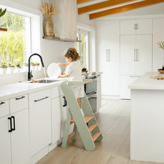 Comfy Cubs step stool side view highlights sage color and sturdy beech wood.