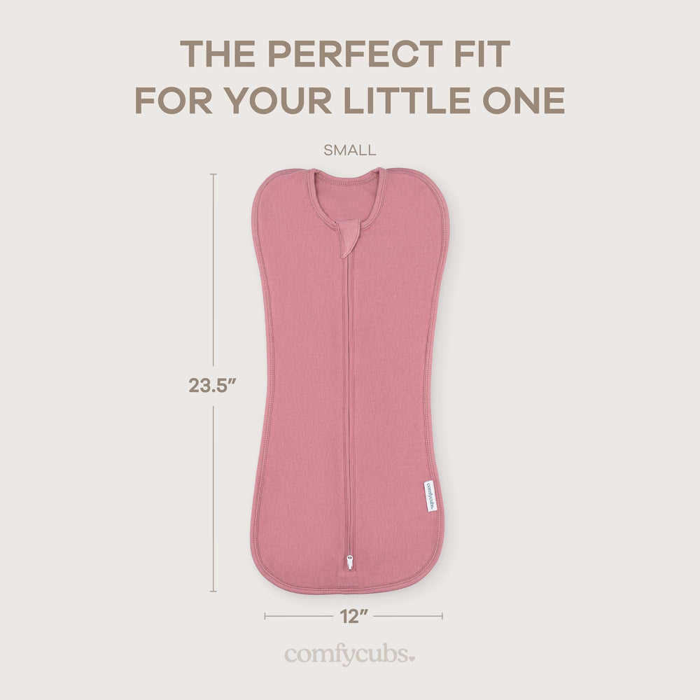 Comfy Cubs swaddle blanket mauve color on model suggests stylish gift-ready baby apparel