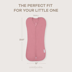 Comfy Cubs swaddle blanket mauve color on model suggests stylish gift-ready baby apparel