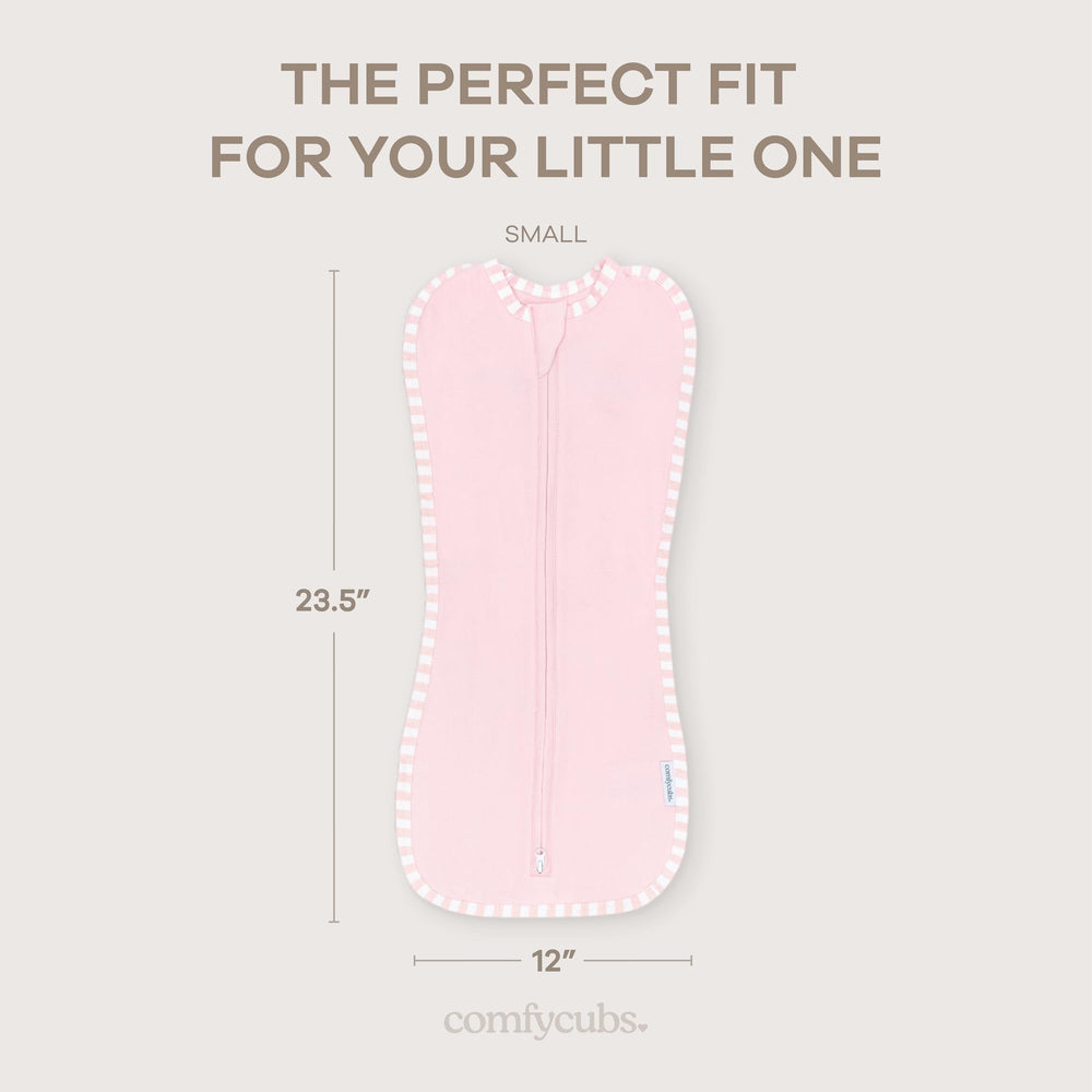 Comfy Cubs swaddle easy-wrap design emphasizes simple zipper for effortless wrapping.
