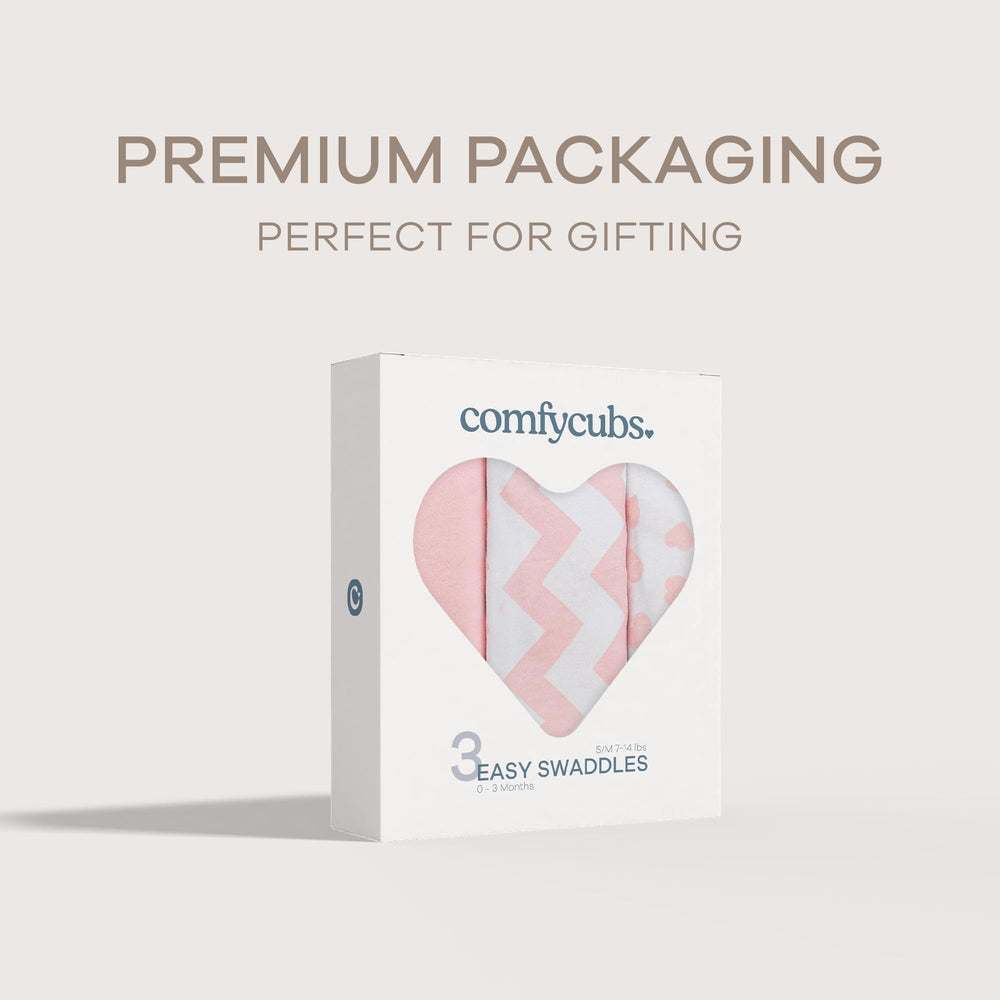 Comfy Cubs gift box pink swaddle set for baby shower.