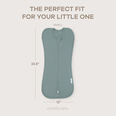 Comfy Cubs swaddle Nomadic Blue baby wrapped securely for calm sleep.