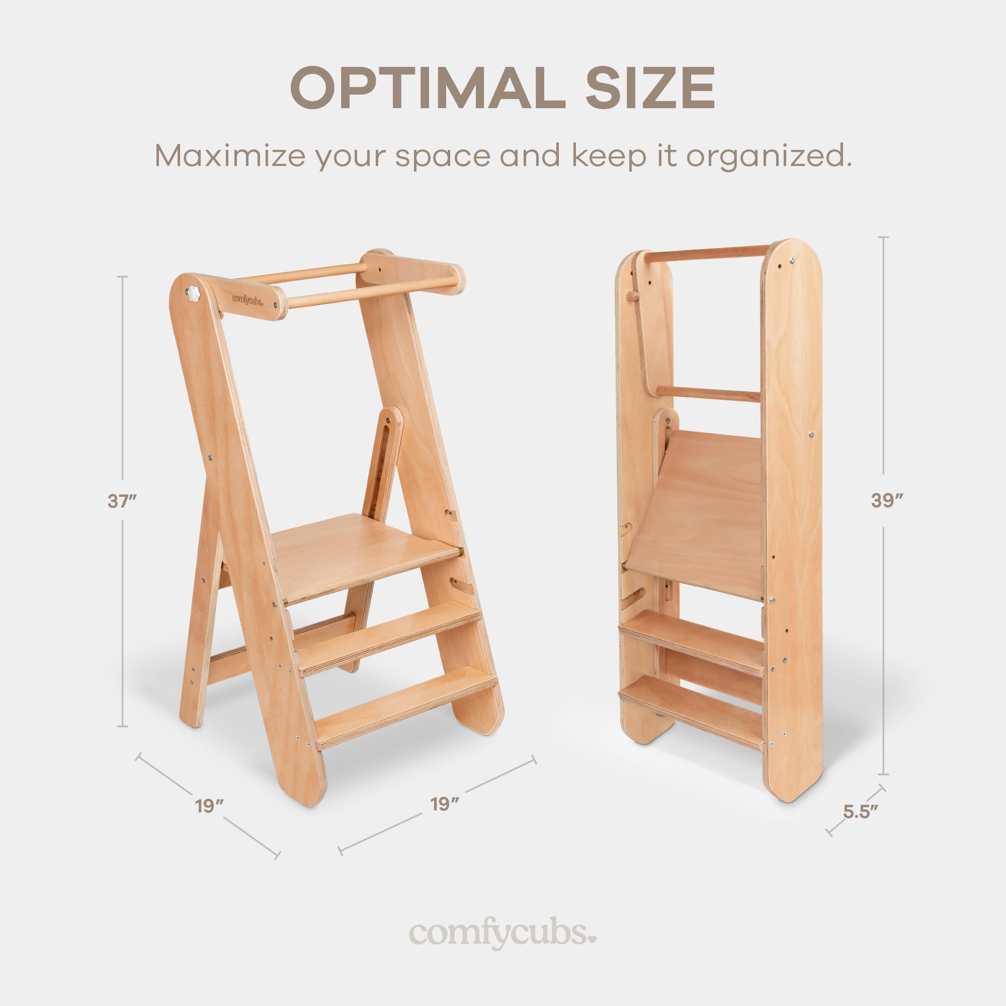 Comfy Cubs beech wood construction offers strong stability for active toddlers up to 90 pounds.