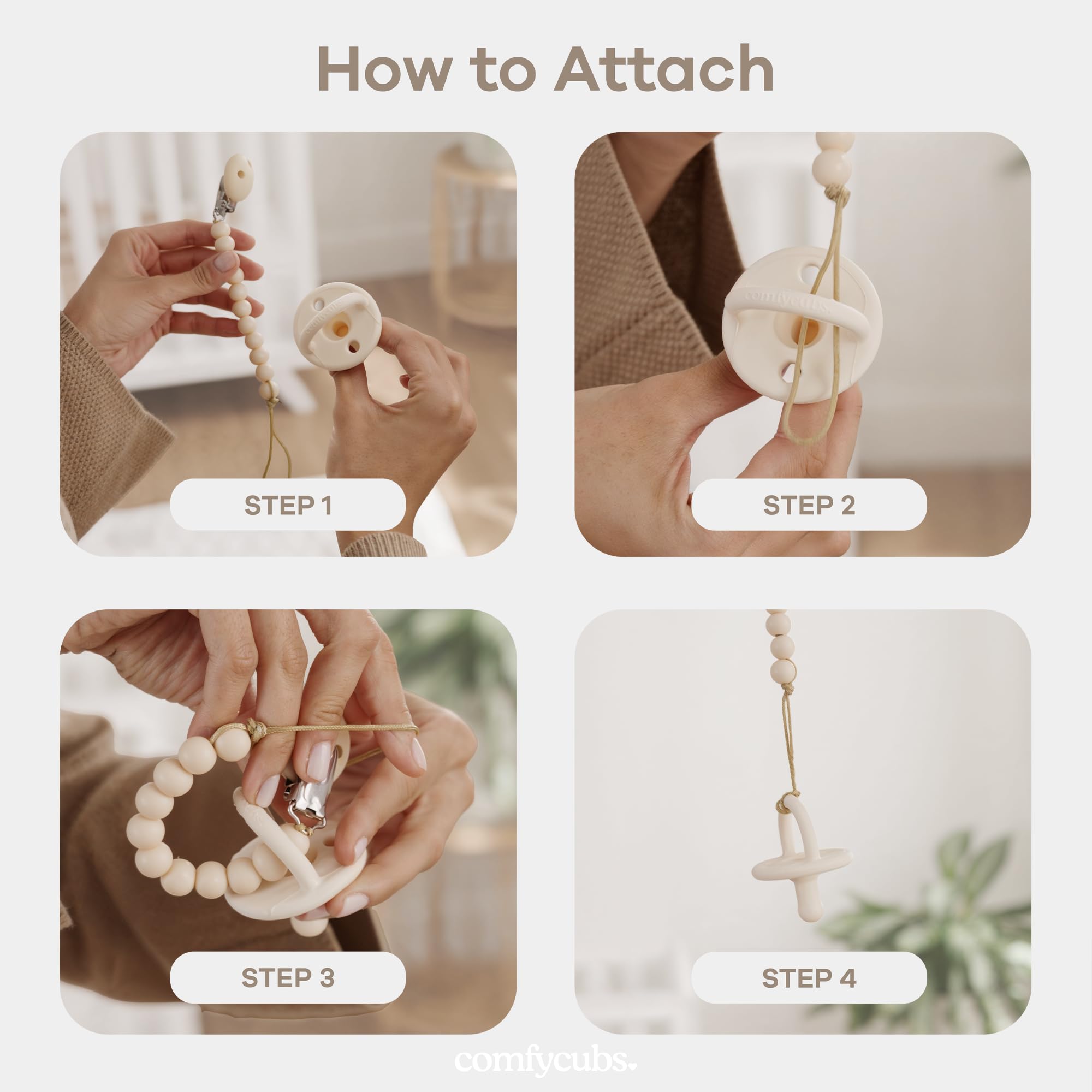 Comfy Cubs pacifier clip in soft tones, lightweight design for daily wear