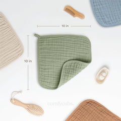 Comfy Cubs washcloths 10x10 size held in hand for broad coverage