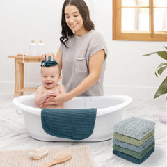 Comfy Cubs washcloth demonstrating 6-layer absorbent design during bath
