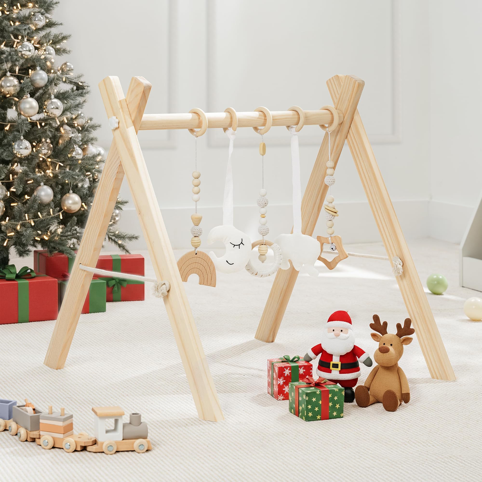 Comfy Cubs wooden play gym in natural pinewood for safe tummy time and sensory play.
