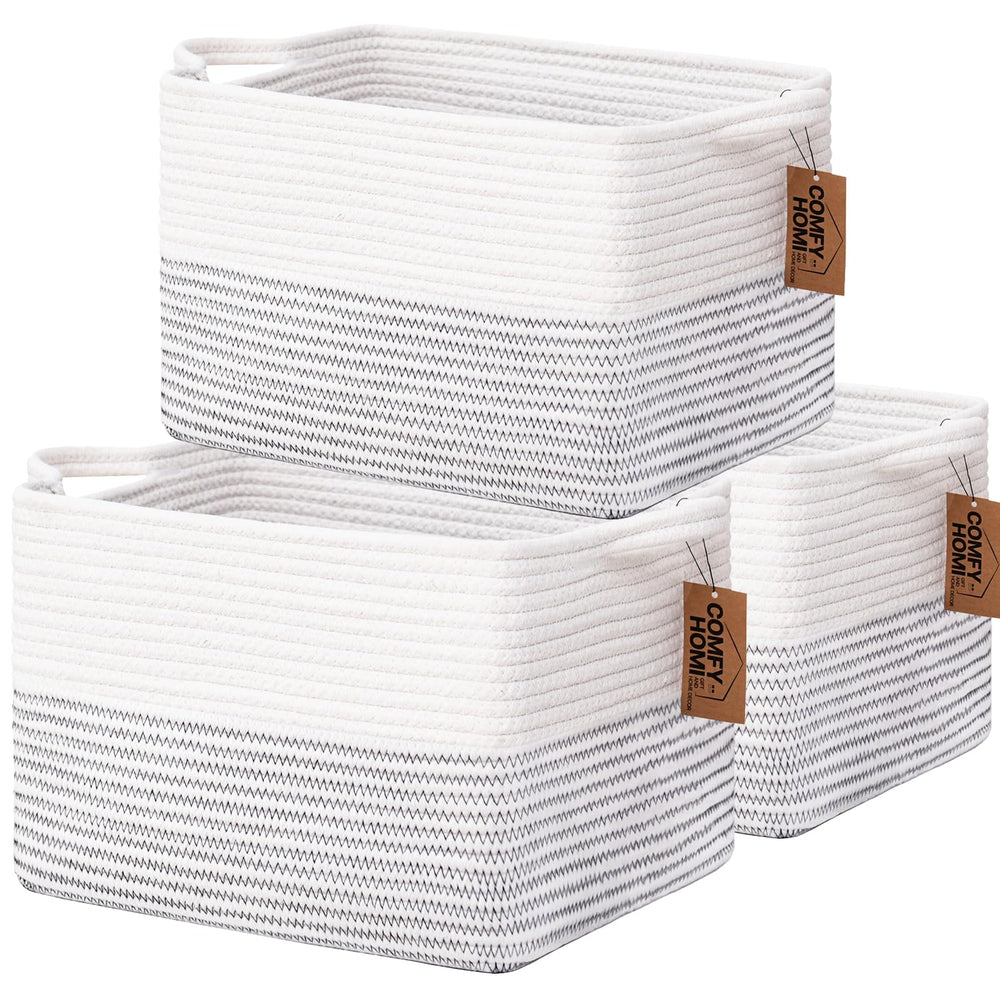 COMFY-HOMI 3-pack cotton rope square basket front view for tidy storage and organization