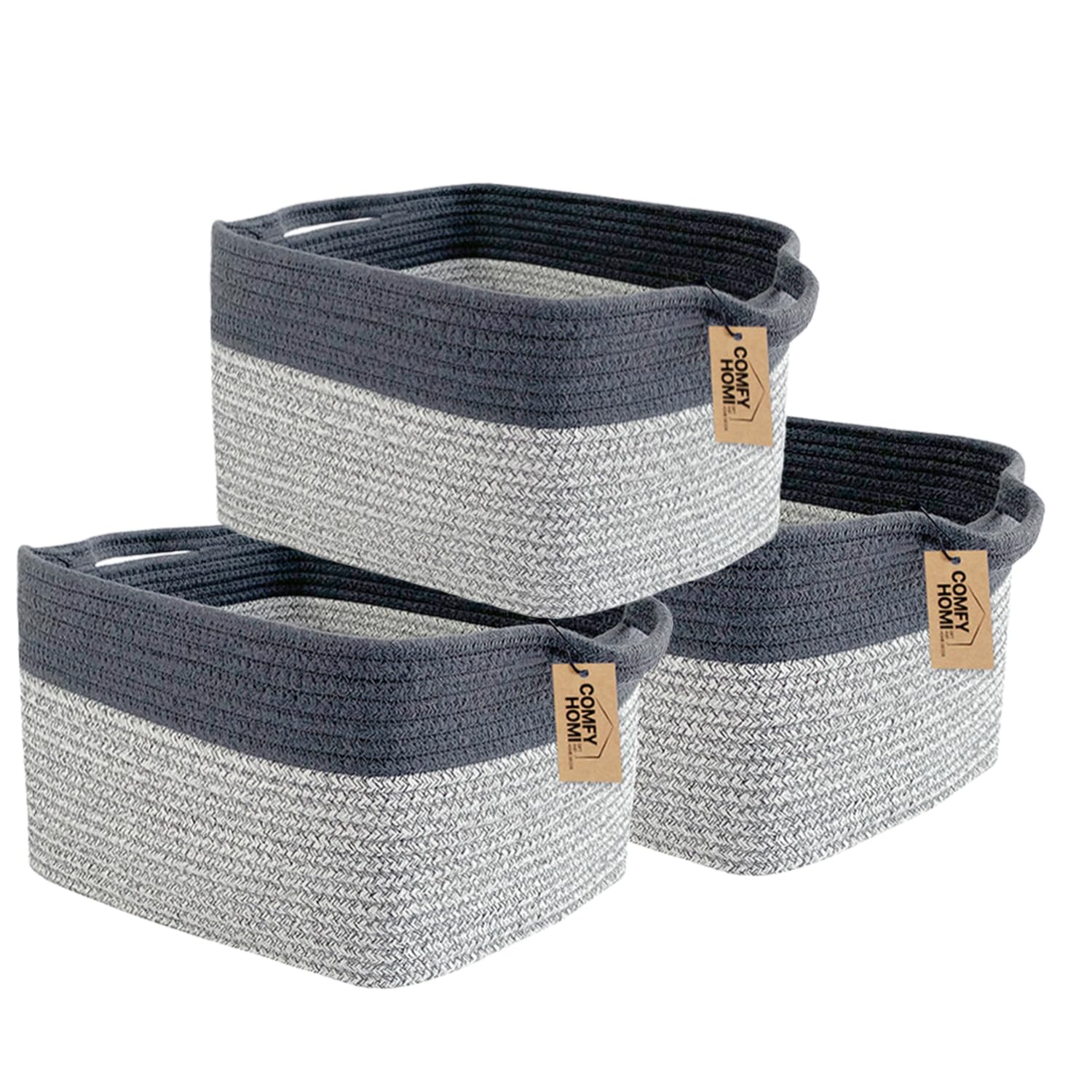 COMFY-HOMI 3-pack light grey baskets on shelves keep toys neatly organized.
