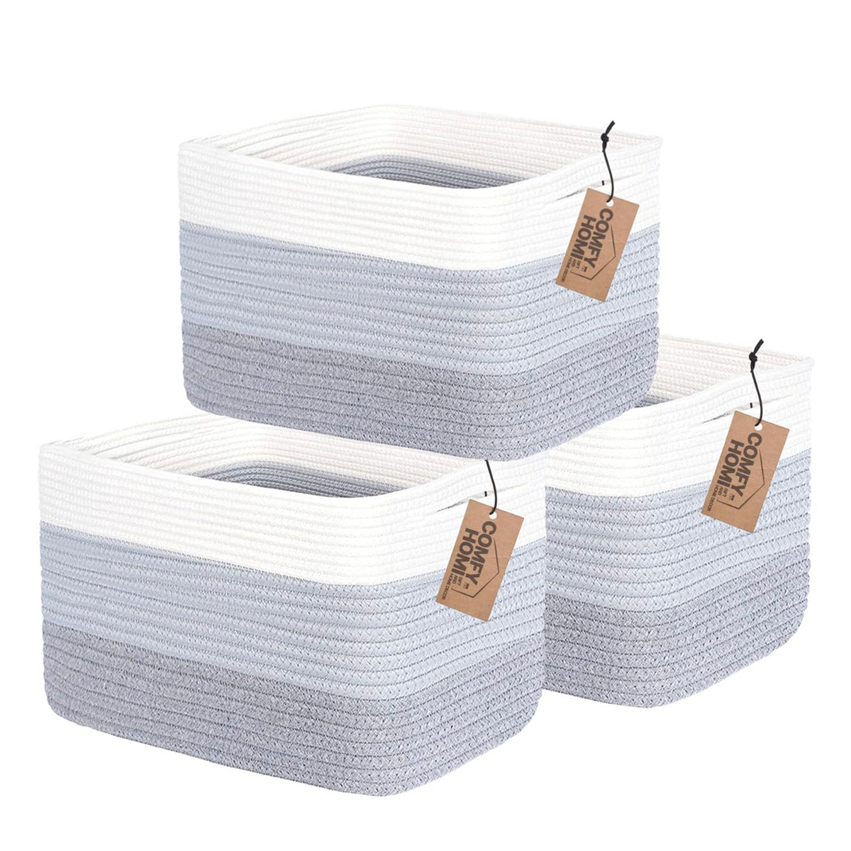 COMFY-HOMI 3Pack cotton rope baskets full set in white and grey for tidy nursery storage.