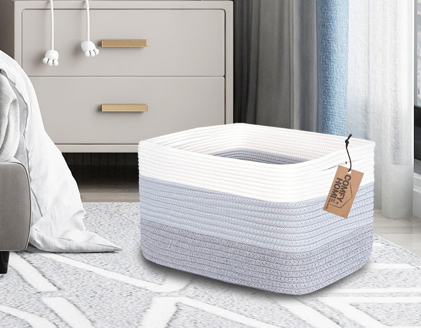 COMFY-HOMI basket on shelf with books demonstrating practical organization.