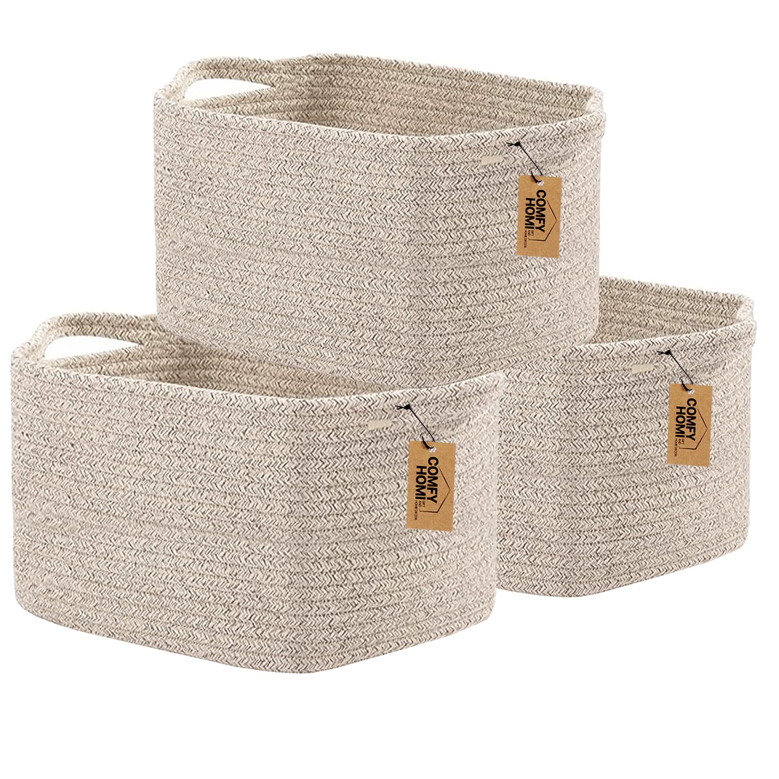 COMFY-HOMI 3-pack rectangular baskets with handles in brown for organized storage and decor