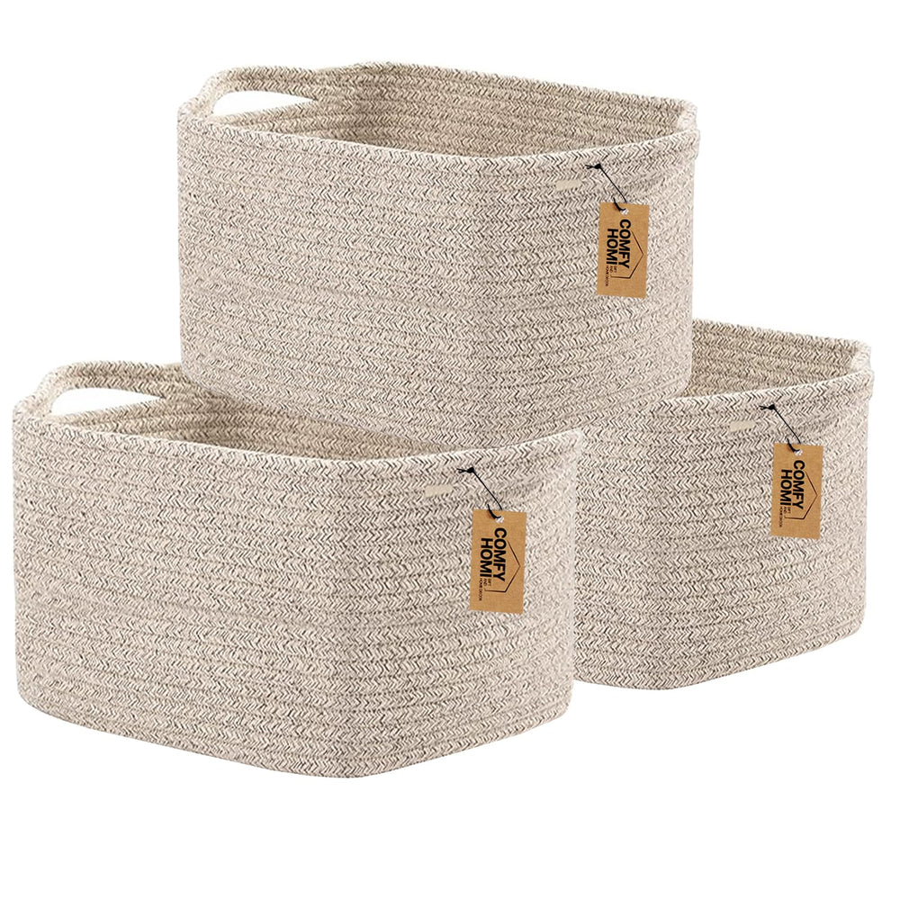 COMFY-HOMI 3-pack rectangular baskets with handles in brown for organized storage and decor