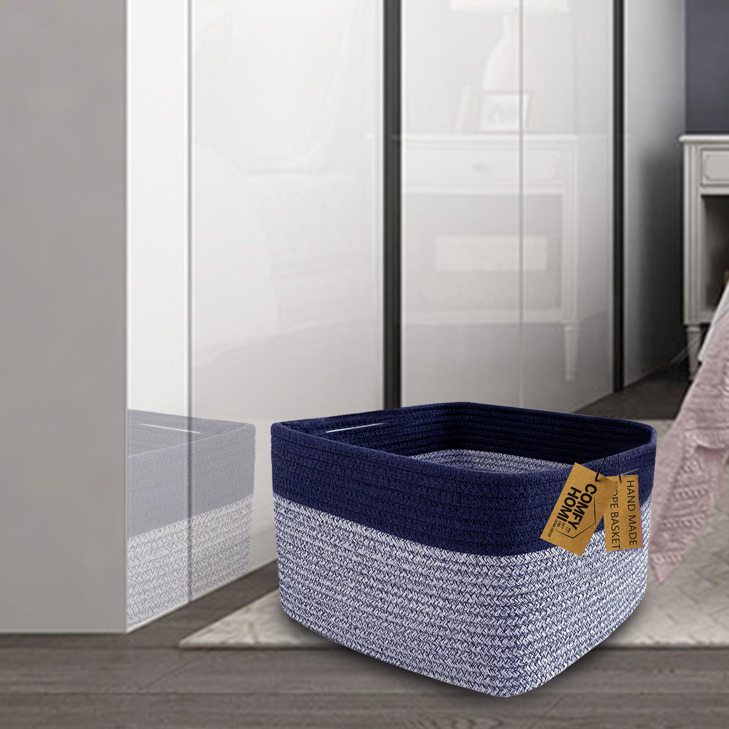 COMFY-HOMI 3PACK dark blue basket stacked on shelf for space saving.