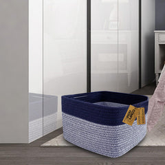 COMFY-HOMI 3PACK dark blue basket stacked on shelf for space saving.