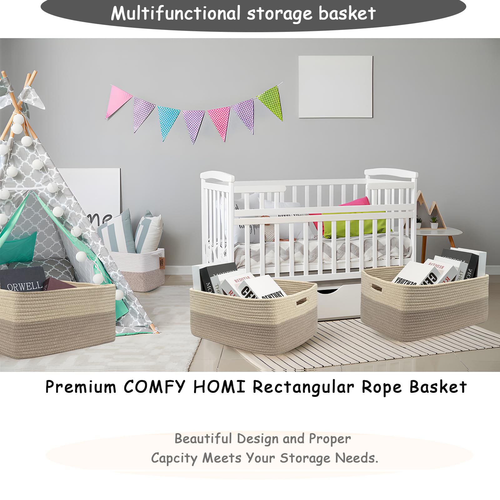 COMFY-HOMI baby-safe basket adapts to nurseries or bathrooms for blankets or toys.