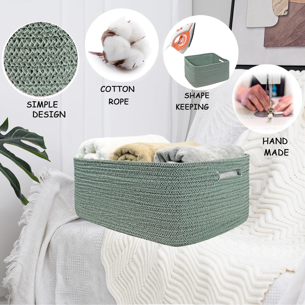 COMFY-HOMI decorative green basket adds natural texture to decor on a shelf