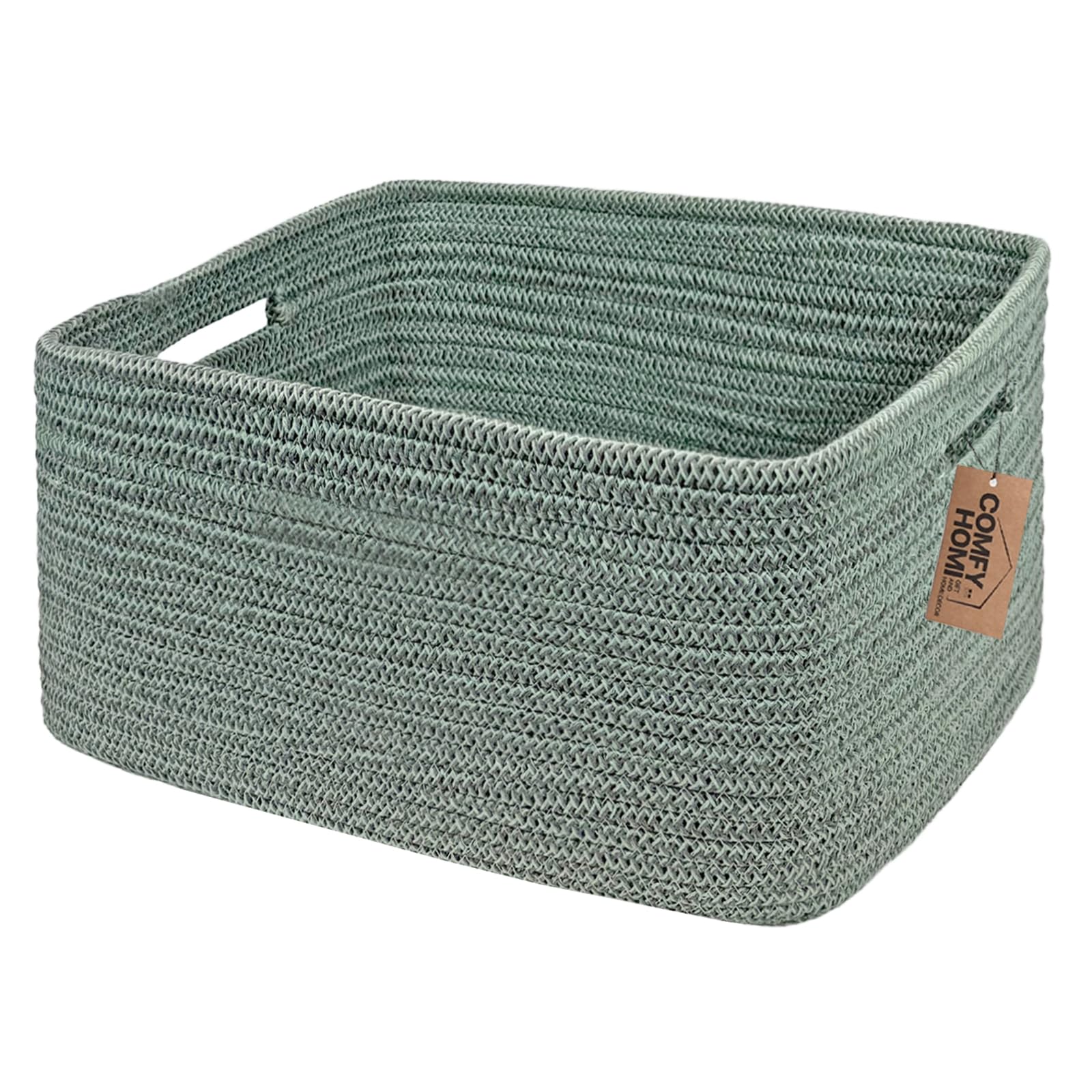 COMFY-HOMI cotton rope basket green front view demonstrates large storage for toys and linens