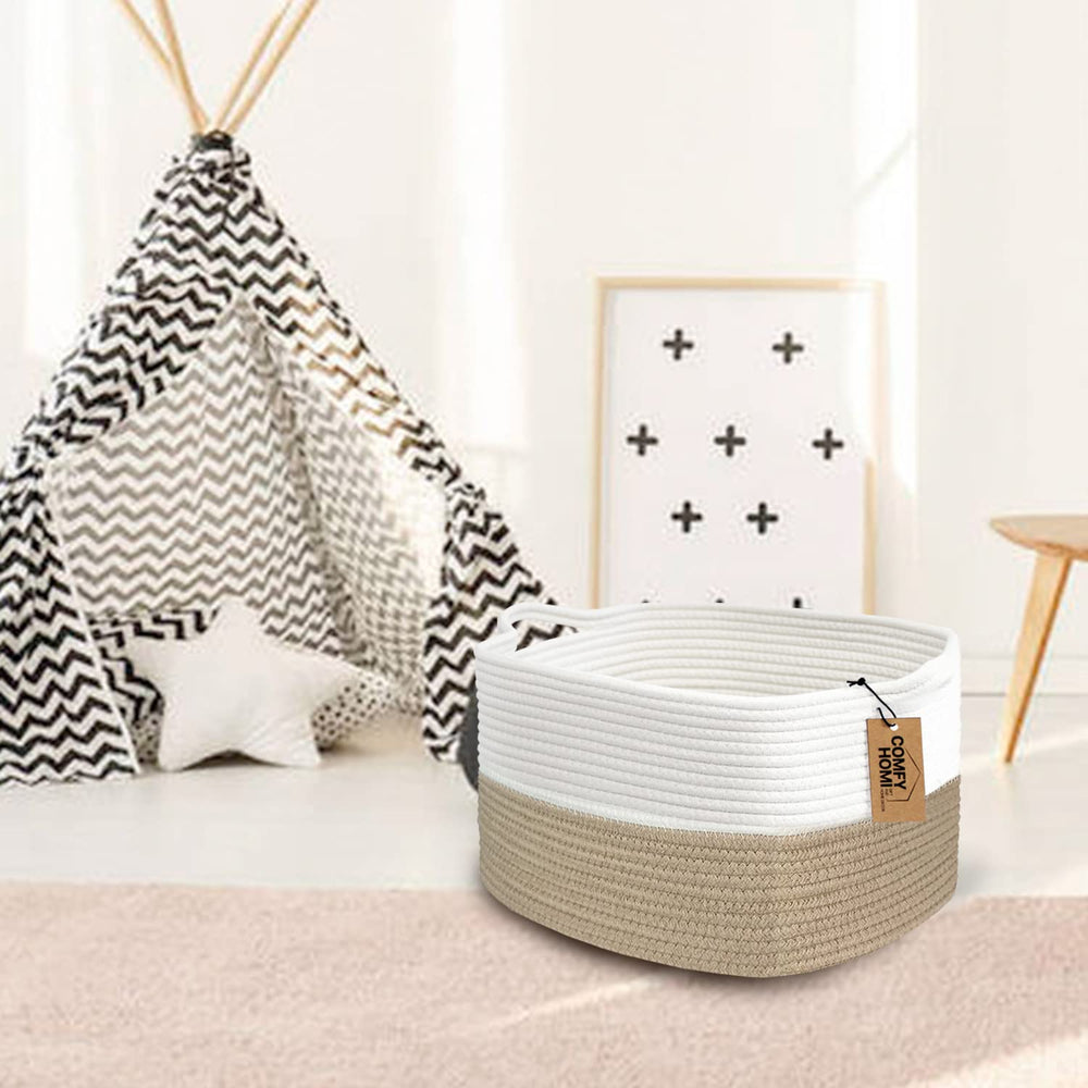 COMFY-HOMI cotton rope basket on shelf adds soft storage for toys and books