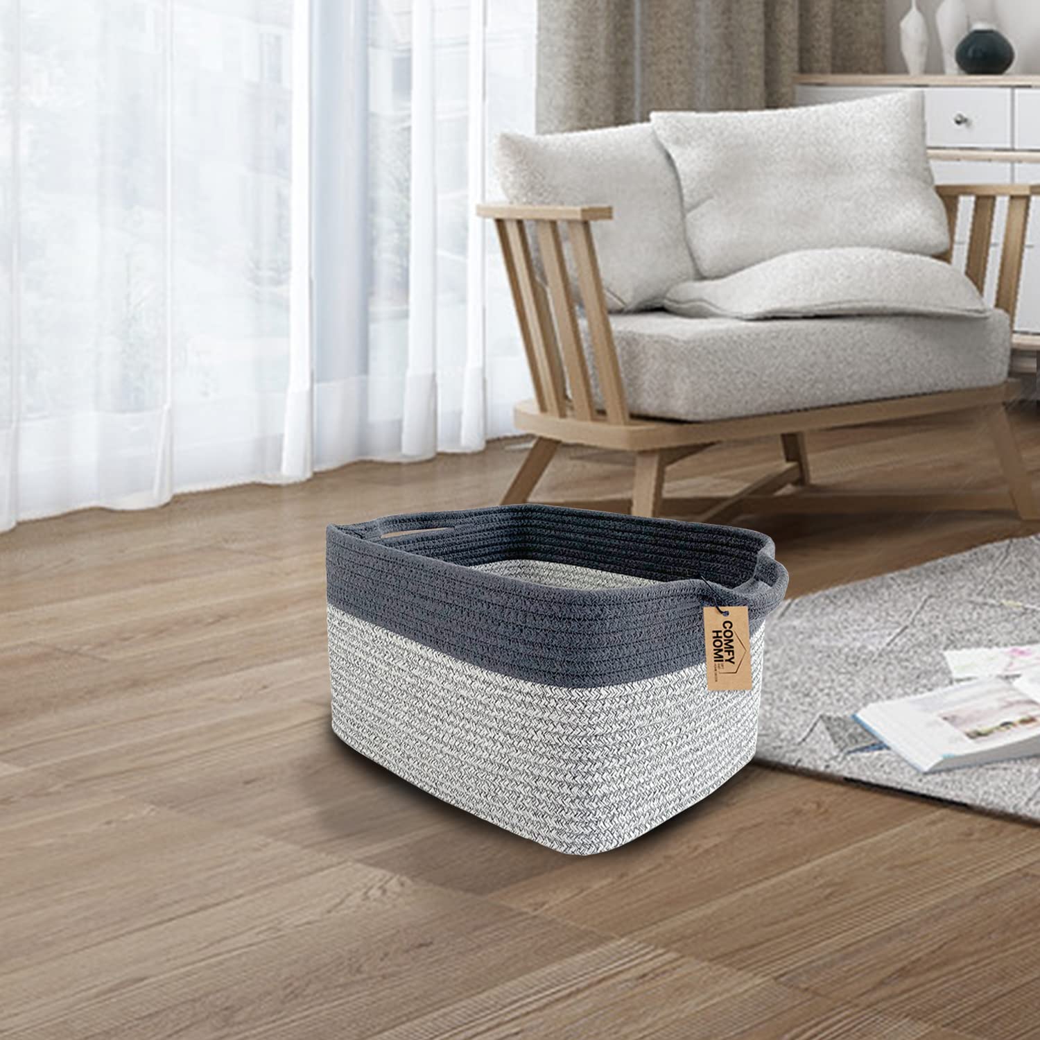 COMFY-HOMI cotton rope basket for shoe organization on shelves.