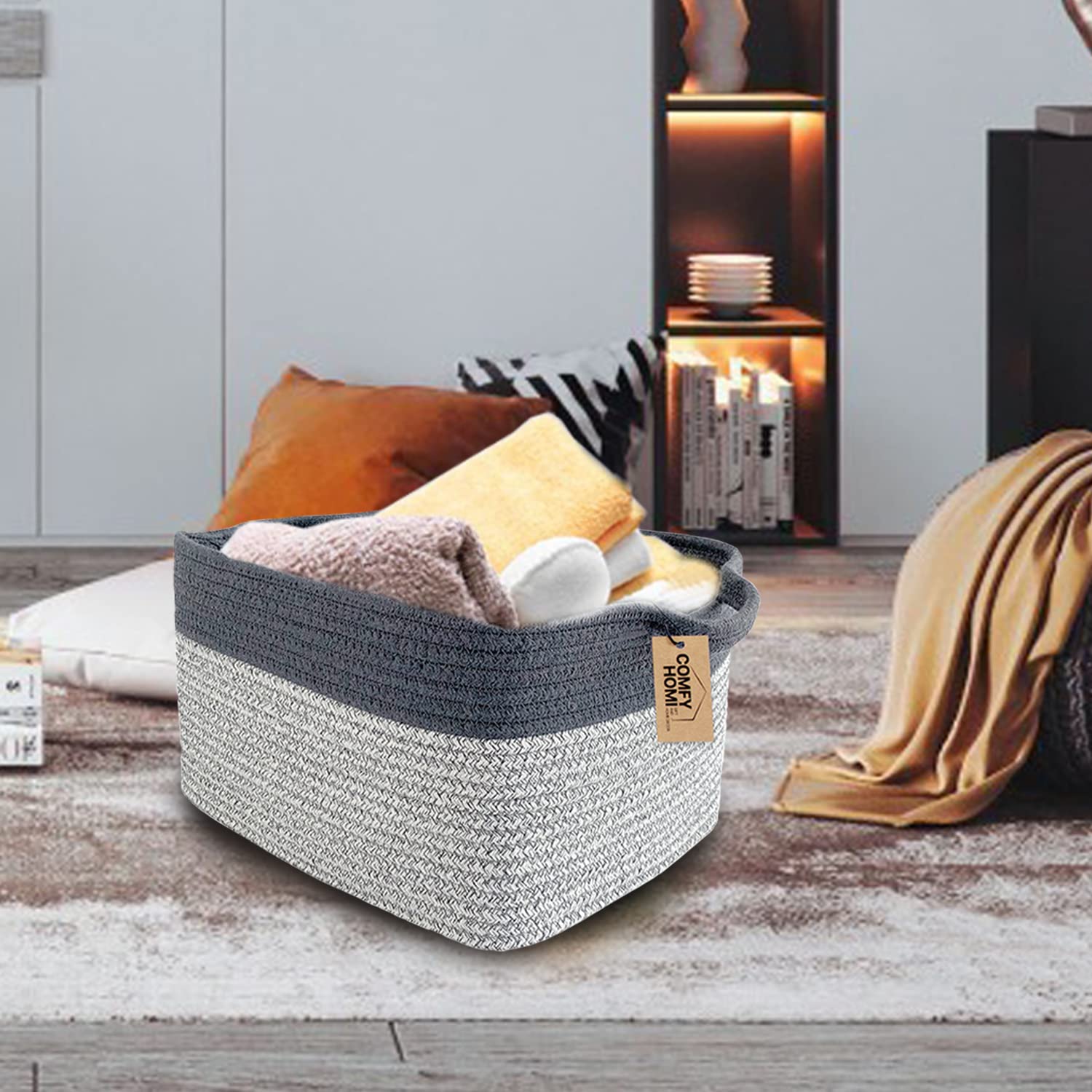 COMFY-HOMI cotton rope basket for toy storage with soft texture.