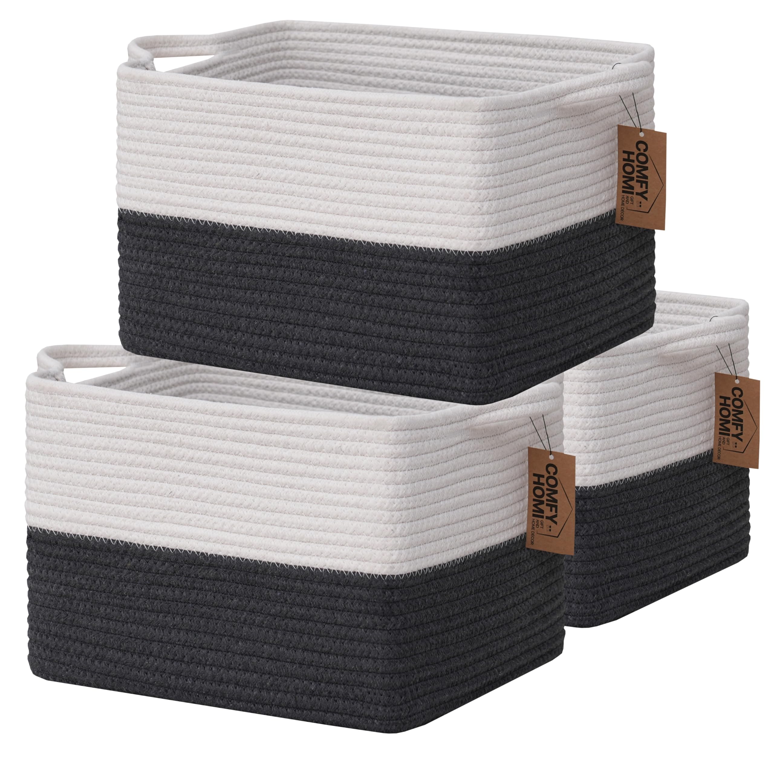 COMFY-HOMI cotton rope square basket white with handles for organization